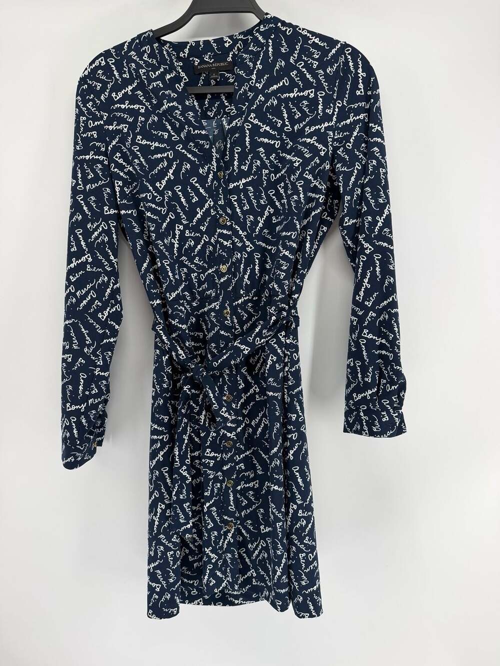 Banana Republic Size 2 Navy French Script Shirt Dress Tie Waist Long Sleeve